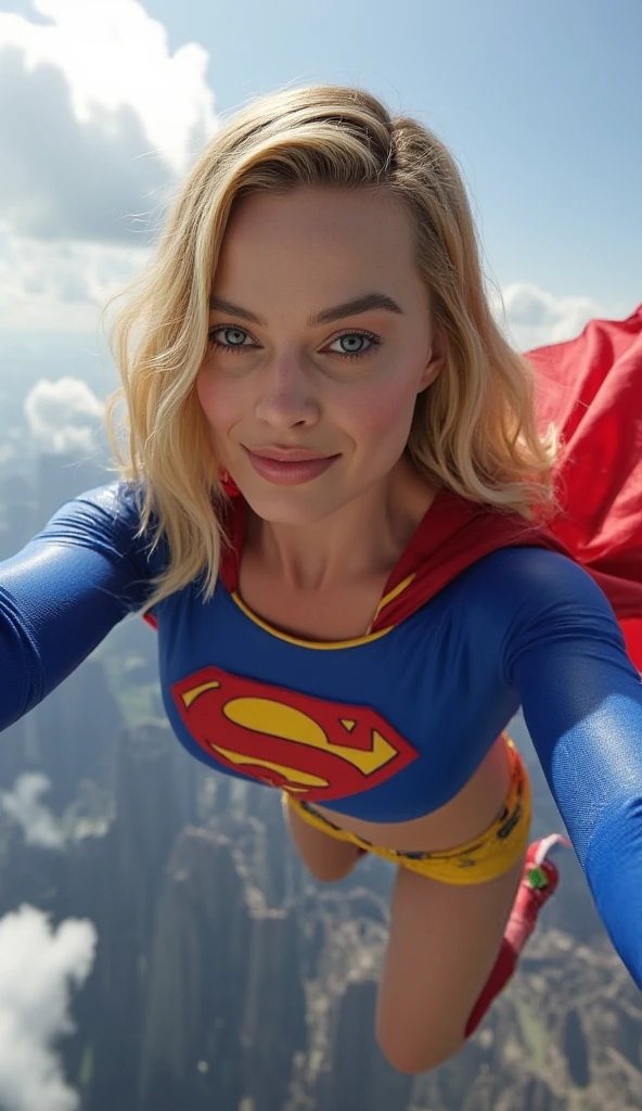 Selfie style photo, pov, INSANELY SEXY, RIPPED MUSCULAR BUSTY, bOOBS SUPERGIRL WEARING THE ORIGNAL SUPERGIRL COSTUME FROM 1950. SOARING WHILE TAKING A SELFIE. 8k, high definition, visible cleavage, busty, looking down her shirt