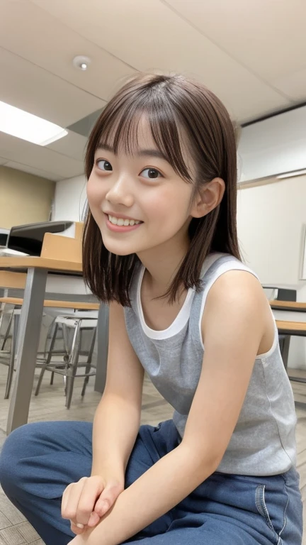 japanese girl,  Sitting pose,  perfect hands,  solo,  student,  Looking at viewer,  smile,  angle looking up from below, wearing white tank top,  wearing gray sweat short pants