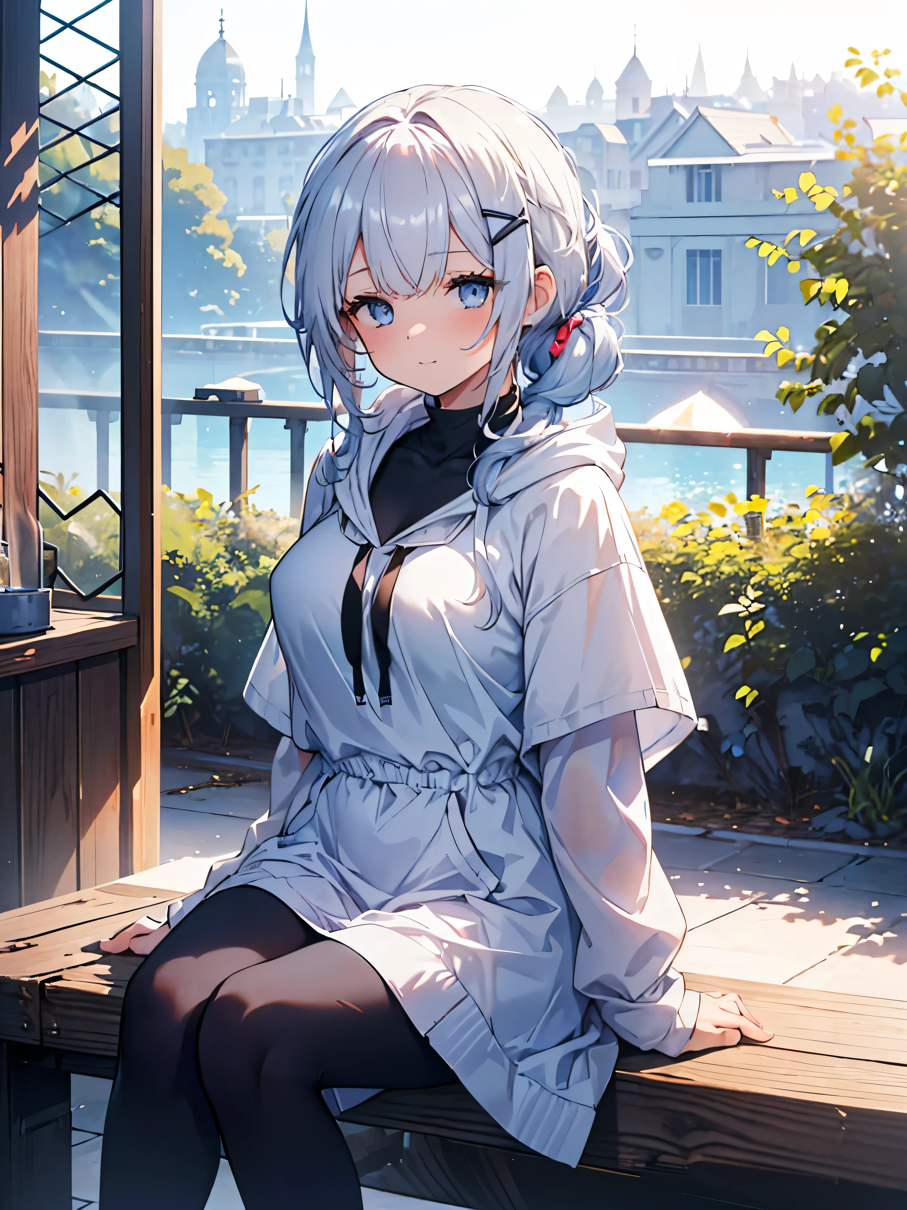  one girl , Curly Ponytail, smile,  blue eyes , Wear a white hoodie, (terrace）, (（morning）), masterpiece, 8k,  Full Photo, The perfect outfit,  perfect anatomy, Sharp resolution,  shallow depth of field ,  Soft Shadow ,  casual and relaxed atmosphere , Natural light pours in, Hair clip, Beautiful breasts、Black tights、20 years old