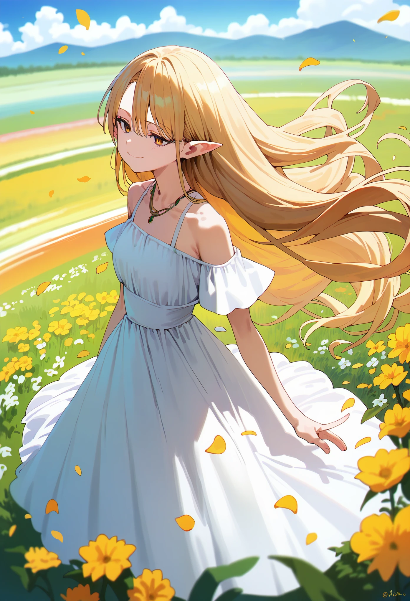 score_9, score_8_up, score_7_up, 1girl, serie, long hair, blonde hair, pointy ears, yellow eyes, half-closed eyes, gradient eyes, white dress, bare shoulders, necklace, jewelry, off shoulder, flower field, rainbow flare, rainbow gradient, floating, petals, depth of field, smug