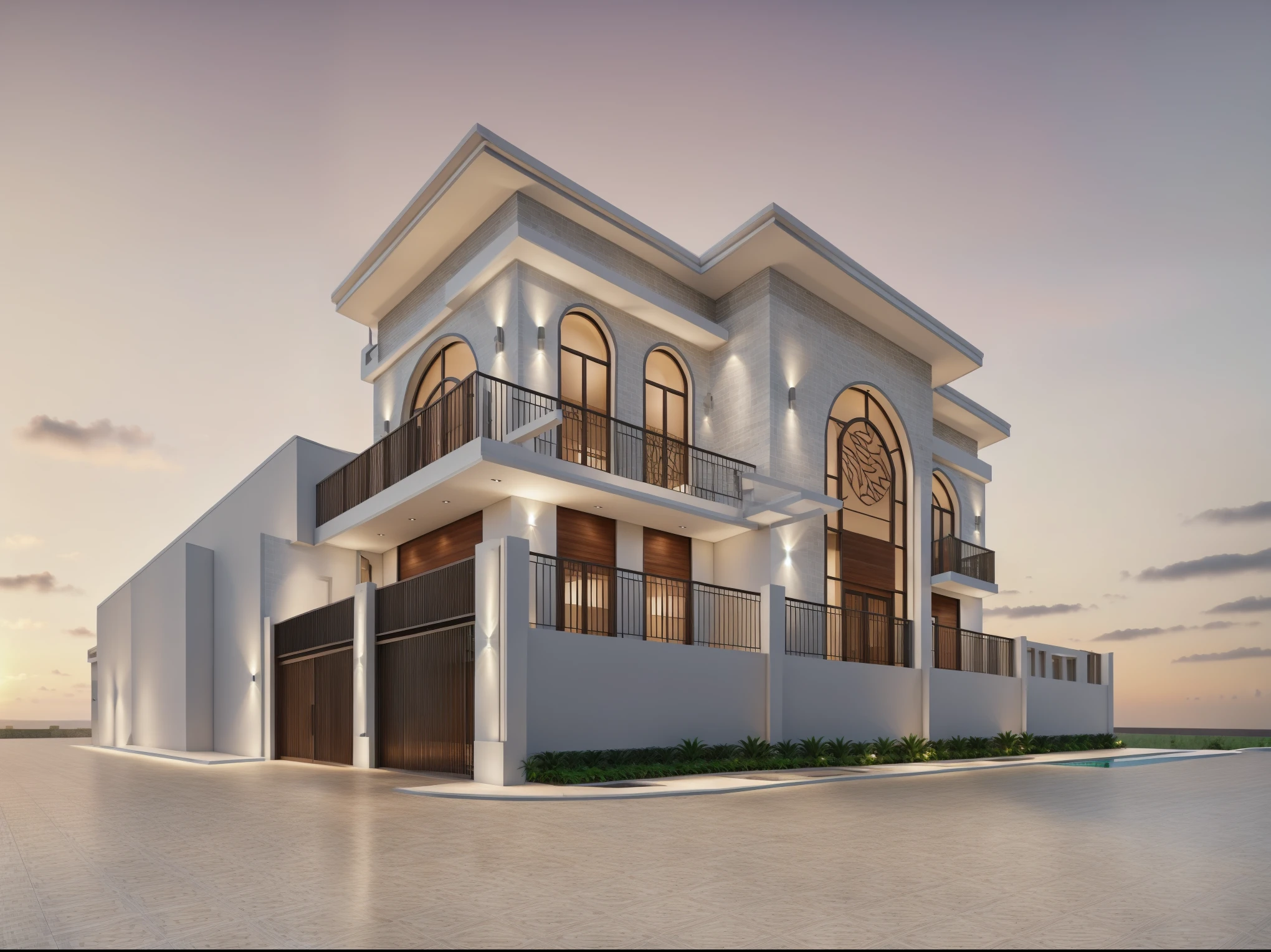 RAW photo,Masterpiece, high quality, best quality, super detail, townhouse, modern house with (tile wall:1.2), glass windows, (wooden ceiling:1.1), railing glass, main door conwood,tropical trees, sunset, beautifu sky, (high detailed :1.2), 16k uhd, dslr, soft lighting, high quality, film grain, 3dmax vray