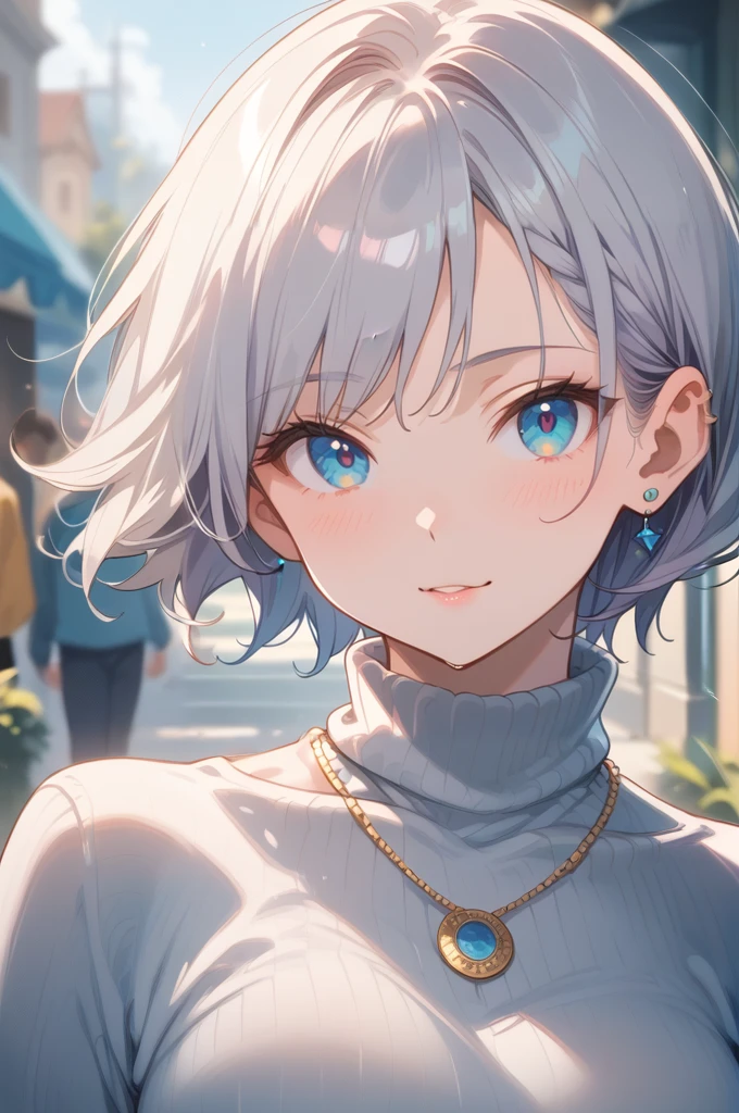  score_9,  score_8_up,  score_7_up,  score_6_up, Pousonal 3 ,  1 girl, Alone,  short hair,   jewellery,  watching viewers,  necklace ,  PORTRAIT, bangs,  closed mouth,  Turtleneck, Blurred background, クロス  necklace , lips,  piercing , Blurred, Silver Hair、 blue eyes 、 lashes
smile, 