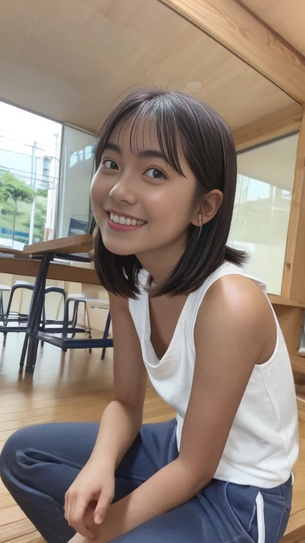 short bob hair,  japanese girl,  Sitting pose,  perfect hands,  solo,  student,  Looking at viewer,  smile,  angle looking up from below, wearing white tank top,  wearing gray sweat short pants