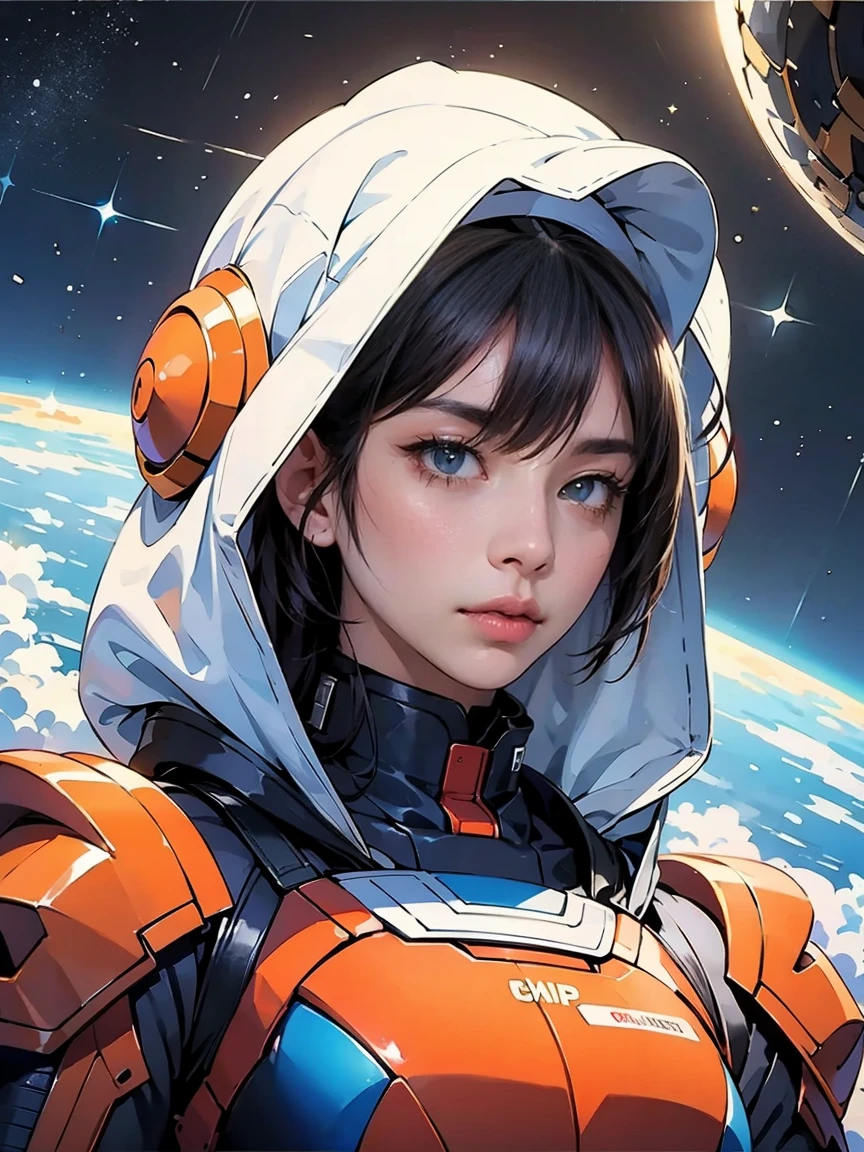 "Masterpiece, melhor qualidade, ultra-detalhado, digital painting scene of a person with a gaze fixed on space, several planets and shooting stars in the foreground, fundo escuro com gradientes suaves de azul e roxo, bright and vivid lighting, efeito de profundidade sensacional, Dynamic perspective with vanishing point, pintura altamente detalhada e realista, with emphasis on the textures of planetary surfaces."