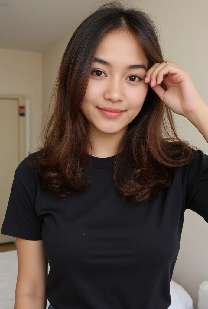 selfie, closeup face photo of 20 y.o ((Lilyana)) Indonesian_high_school, ((Lilyana)) wearing plain black t-shirt, big breasts, pale skin, (smile:0.2), at her bedroom