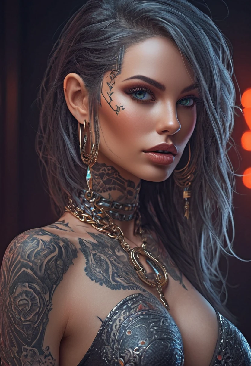woman with a hat and tattoos on her chest, airbrush digital art, hint of nipple
