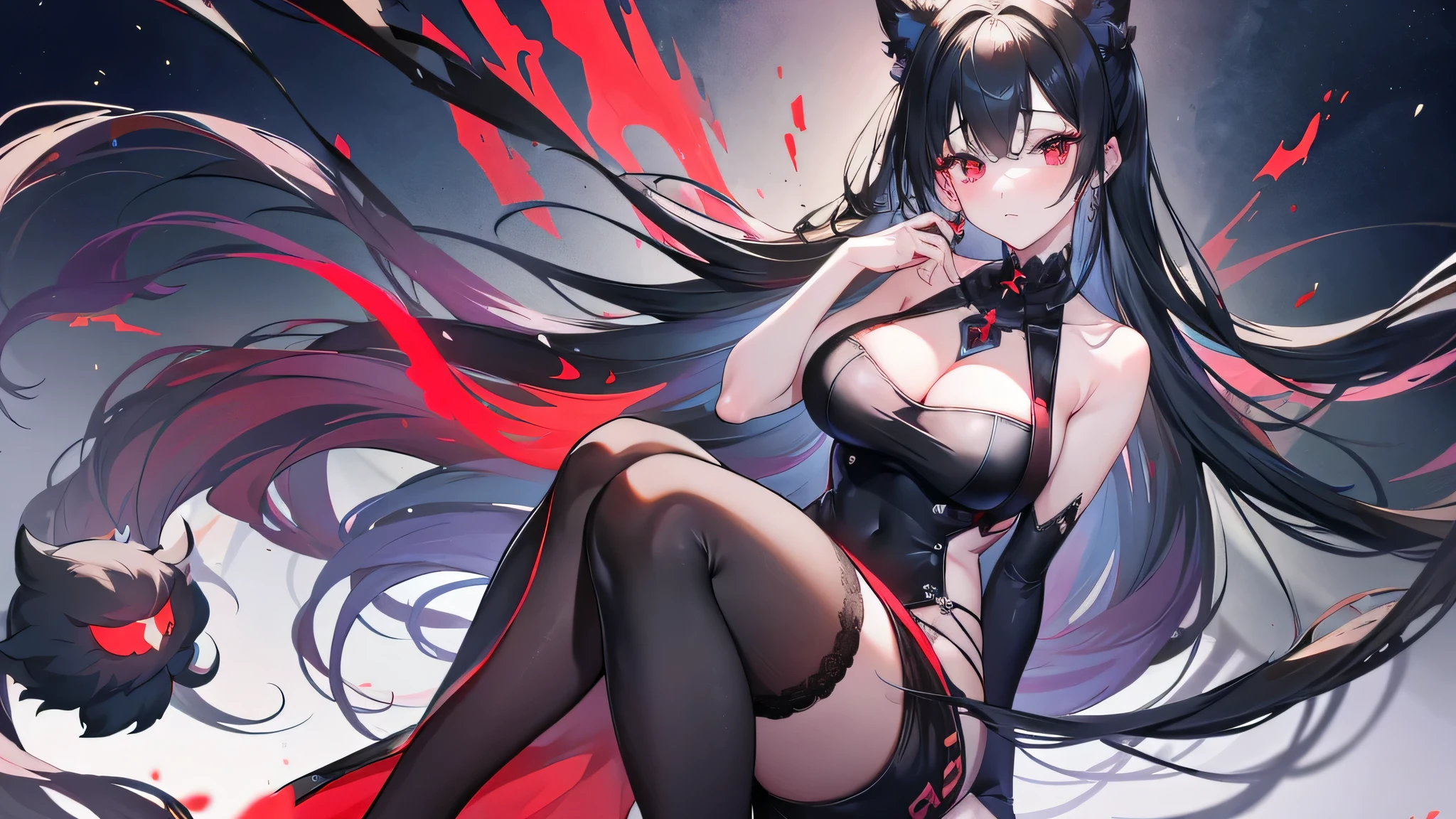 long black hair，Cat-eared girl，red eyes，estrus，