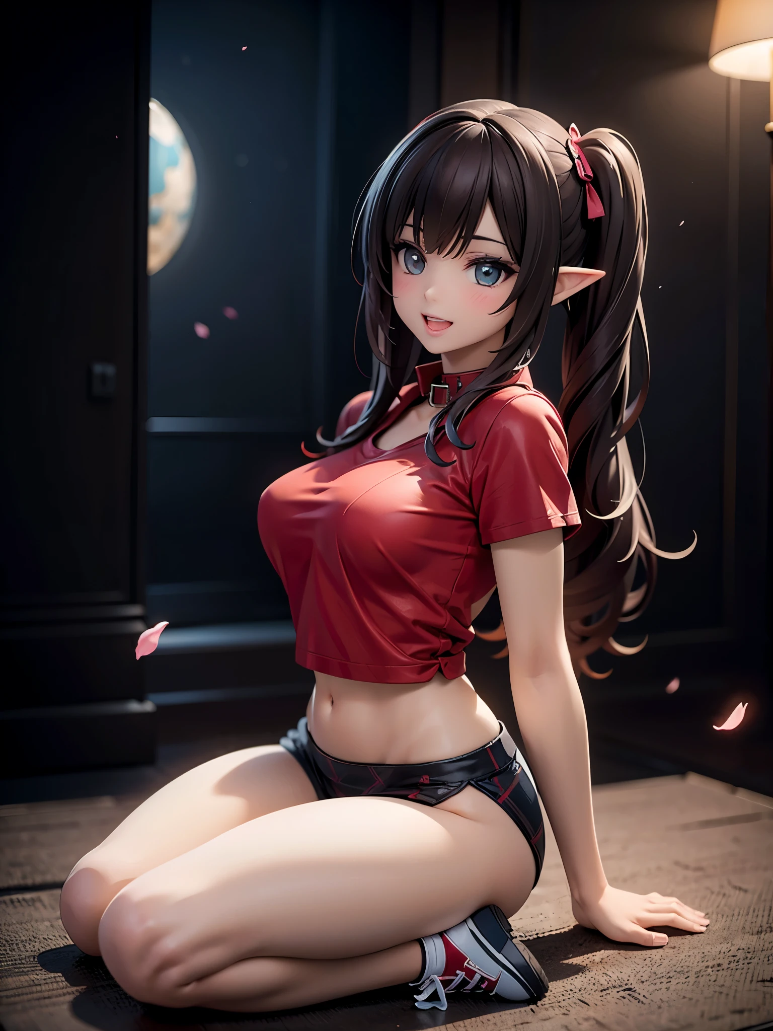 realistic image, coherent image, detailed image, 1 beautiful elf. She has brown hair, long hair with two pigtails. Scarlet eyes, long eyelashes. Her face is oval and delicate. smiling with open mouth. She is wearing a traditional red shirt, with a tangerine collar, showing her navel, plaid pleated mini skirt, sneakers, she has a curvy body, medium breasts and thick thighs. showing her thong. thong view, bottom view. Urban background. starry night, flower petals falling. natural lighting in front, volumetric lighting