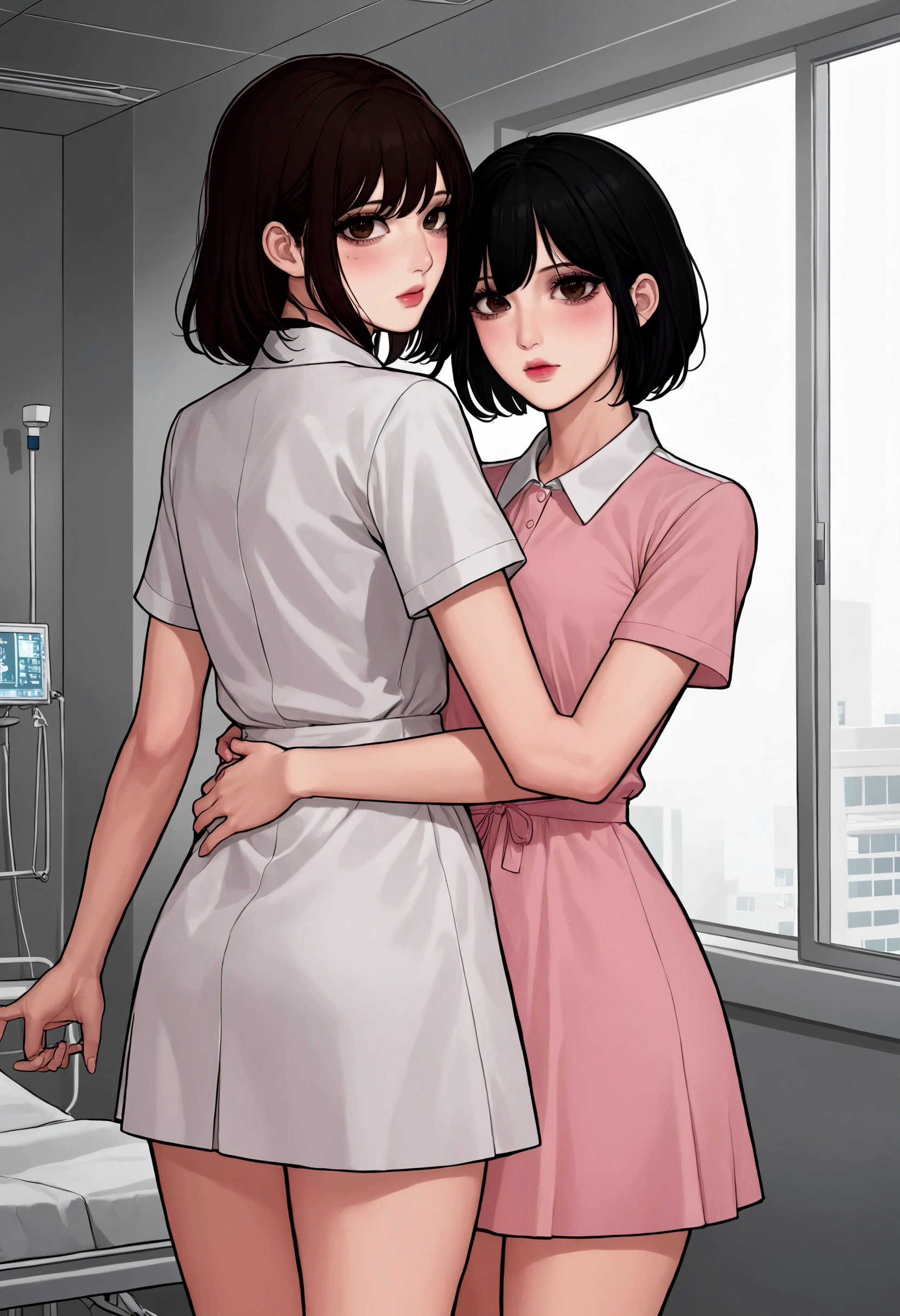 Men Bodyguard Tall Doctor Diggers Black Short Hair Black Eyes Asia Manhwa Standing Hugging Women's Waist Small Chest Women Long Black Hair Brown Eyes Pink Cheeks Pink Mouth White Short Sleeve Shirt Dress Black Short Skirt Hospital Backdrop