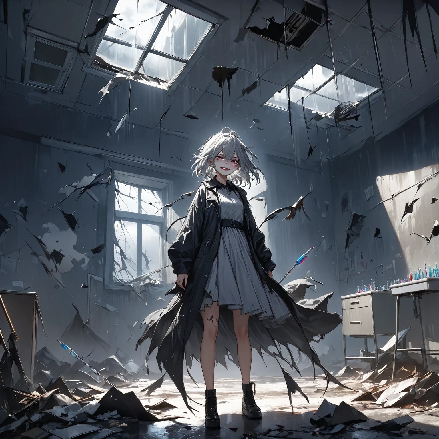 (masterpiece, Best Quality,  bright colors,  It features  ,  dynamic lighting from multiple angles) ,dark gothic,Horror The silver-haired girl standing in the center of an abandoned hospital ,full body,  A syringe  .  has a dangerous expression on her face ,  twisted smile as dark clouds gather outside .  the wind blows through a broken window ,  scatters debris around her ,  adds chaotic movement .  The vivid silver theme stands out in the dark, Dark Environment,  creates a sense of tension and an ominous atmosphere .