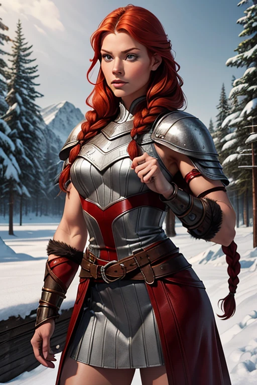 1 fair-skinned Nordic woman, 19 years old, Alone, Aesthetic art, Scandinavian, wavy strawberry red hair in braids, Shoulder length hair, gray eyes, light gray eyes, fair skin, muscular body, (Textured skin, skin pores: 1.1), wearing Nordic warrior clothes made of animal skin, leather, sexy pose, facing a Scandinavian village in the middle of the snowy forest.