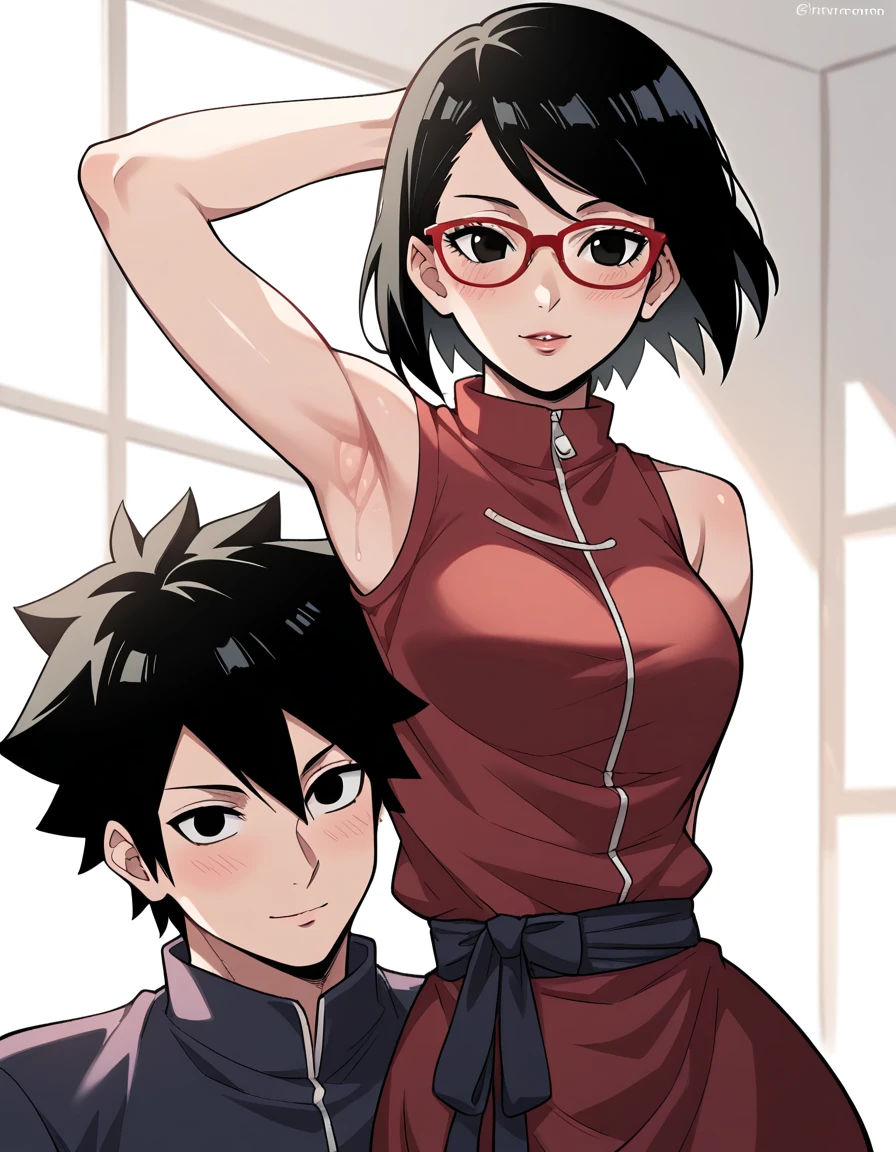 Boruto,(sarada uchiha, short hair, black hair, black eyes, red-framed eyewear, glasses, swept bangs,(Armpit:1.3)，(スチーム，スチームimg:1.1)， 赤いドレス,恥ずかしい