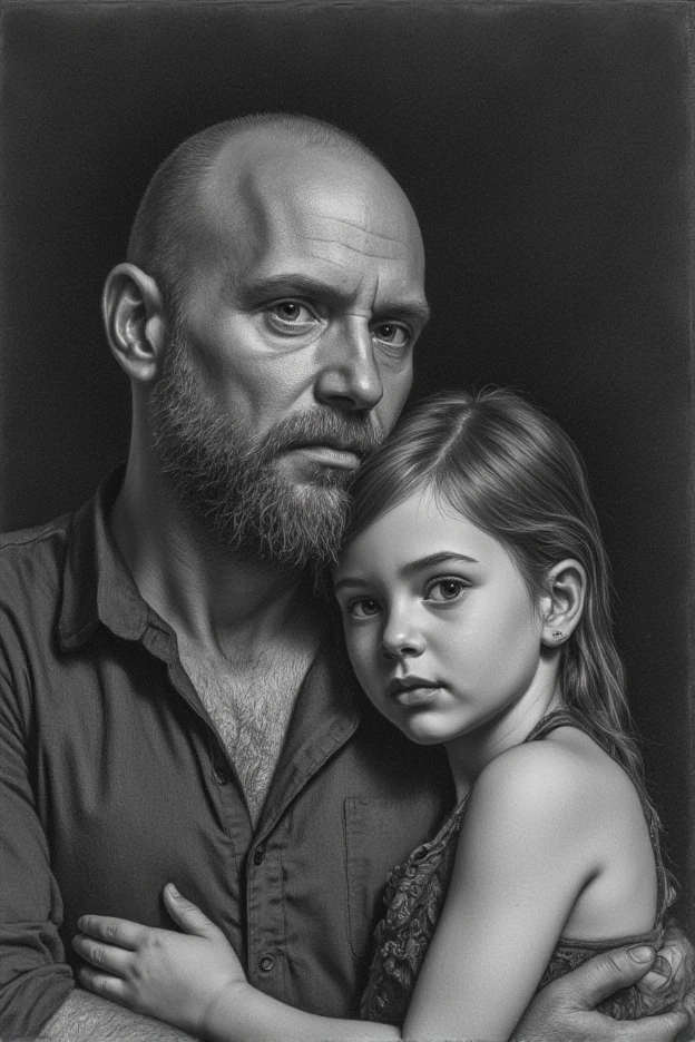 Black and brown A sultry artistic artwork, black and white pencil rough sketch portrait of a Father and his little daughter , no beard,depth detailed of pencil sketch illustration, inspured by Milo Manara and Russ Mills. hyperdetailed charcoal drawing, on kraft paper, Karl Kopinski, fantasy, highly detailed, Vlop and Krenz Cushart, ornate detailing, Jean-Sebastian Rossbach, James Gene,ink drawing,pen and ink realism,stipple shading,wongapril,woodblock print,wongmeiku,detailed eyes, detaield face,wong-flux2