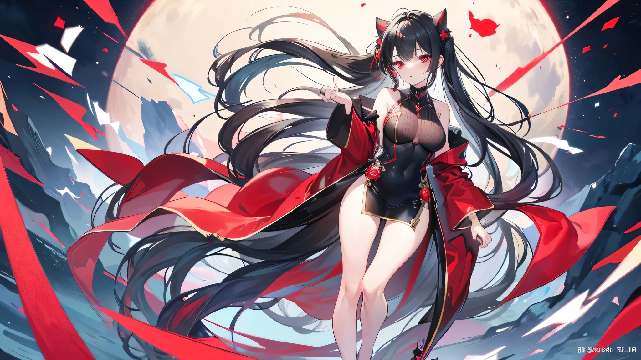Exquisite eyes),(Clear and beautiful eyes:1.61),masterpiece, 1 young girl,(Black clothes and some red gems), Black long hair, (She has a huge red gem on her chest), Good Hand,((The Havoc of StarCraft)),full-body shot,Fighting Stance,(Red Eyes:1.466)，short and small,(Very big breasts:1.35),(Pretty Face),(full-body shot:1.33),Beautiful hands