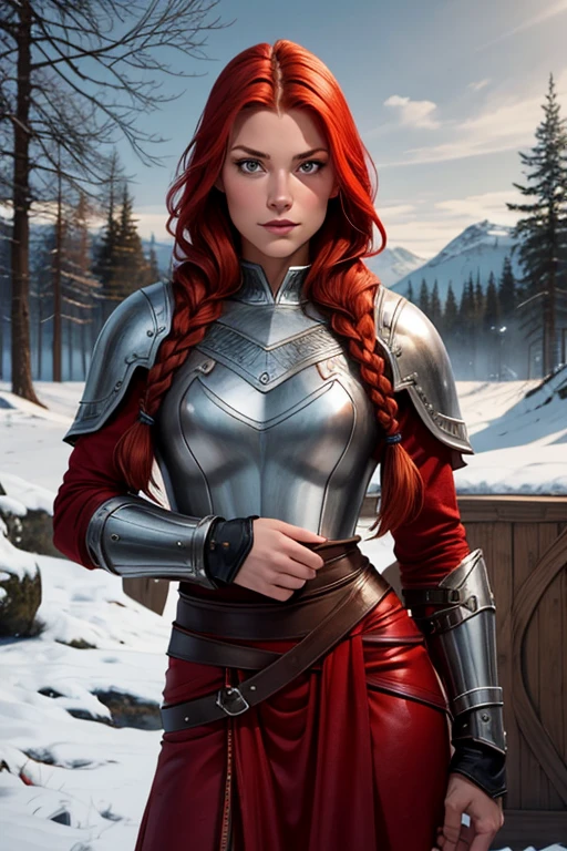 1 fair-skinned Nordic woman, 19 years old, Alone, Aesthetic art, Scandinavian, wavy strawberry red hair in braids, Shoulder length hair, gray eyes, light gray eyes, fair skin, muscular body, (Textured skin, skin pores: 1.1), wearing Nordic warrior clothes made of animal skin, leather, sexy pose, facing a Scandinavian village in the middle of the snowy forest.