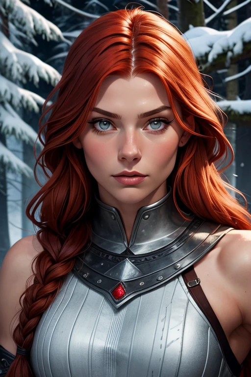 1 fair-skinned Nordic woman, 19 years old, Alone, Aesthetic art, Scandinavian, wavy strawberry red hair in braids, Shoulder length hair, gray eyes, light gray eyes, fair skin, muscular body, (Textured skin, skin pores: 1.1), wearing Nordic warrior clothes made of animal skin, leather, sexy pose, facing a Scandinavian village in the middle of the snowy forest.