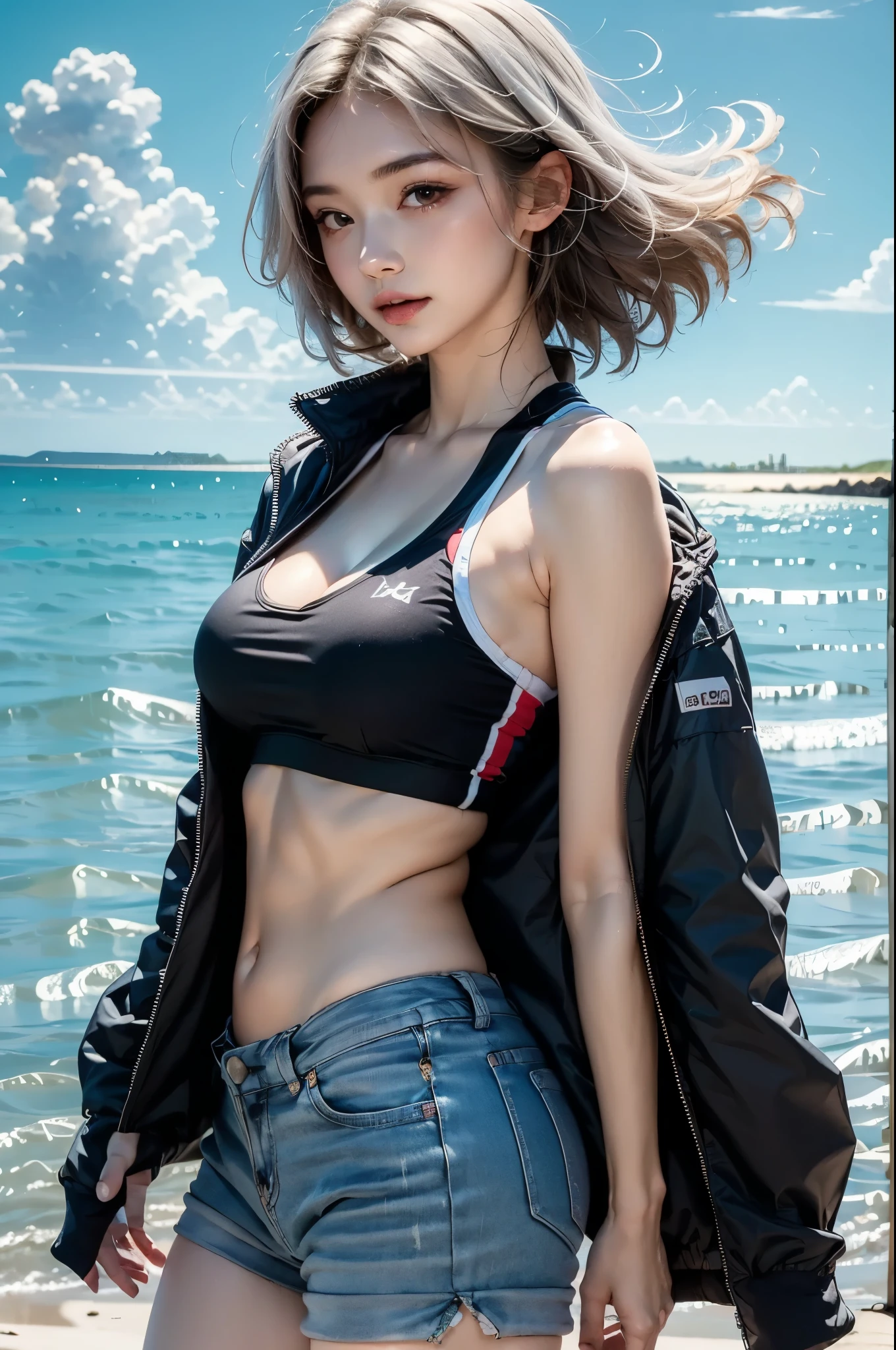 2.8D illustration, masterpiece, best quality, 1girl, medium breasts, sideboob, white hair, long hair, beautiful, sea, beach, ocean, sky, noon, sunlight, sports girl, black-and-white sports wear, jacket. face:sweet girl
