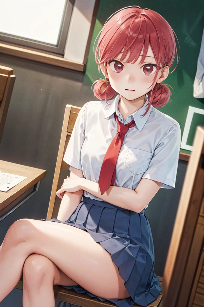 (8K,best quality,​masterpiece,realisitic,ultra-detailed,超A high resolution,perfect lighting,Constriction),(1girl,wearing school uniform,white collared shirts,blue pleats skirt,red string tie),(taking her seat in the classroom,crossing legs,a glimpse of lacy panties),intimate expression,seductive eyes,inviting face,angle from below