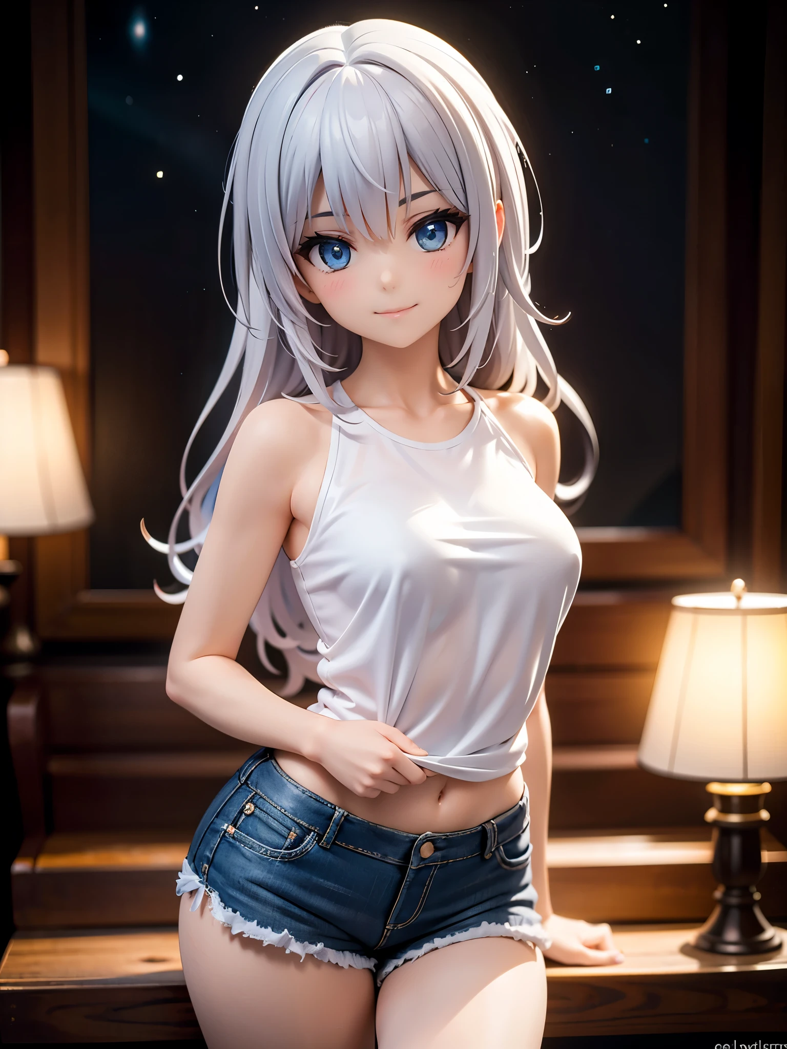 realistic image, coherent image, detailed image, 1 beautiful girl. She has silver hair, long hair. Blue eyes, long eyelashes. Her face is oval and delicate. Smiling. She is wearing a small sleeveless shirt, jean shorts. She has a curvy body, medium breasts, thick thighs. she pose sexy. Background of the universe, surrounded by stars. natural lighting in front, volumetric lighting