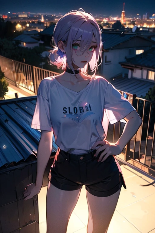 Obra maestra, mejor calidad, (Fondo de pantalla CG unity 8k extremadamente detallado, Obra maestra, mejor calidad, ultra detallado, Obra maestra, mejor calidad, 1 chica, solo, top corto, shorts de mezclilla, gargantilla, (Pintada:1.5), salpicadura de pintura, frontal, contra la pared, mirando al espectador, brazalete, correa del muslo, pintura en el cuerpo, nod, aburrido, pelo multicolor, ojos aguamarina, auriculares, Tatsumaki,