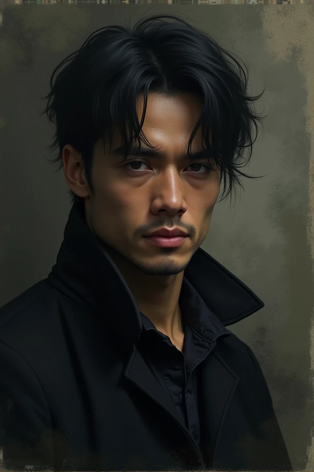 30 years old man,black hair,no beards,Dark Background, Super Hyber Detail, High Detail, High Quality, 16k, Faded, Unique, Creative, Haze , Oil Colors , Pencil Drawing Art, By Shining,wongapril,Extremely Realistic