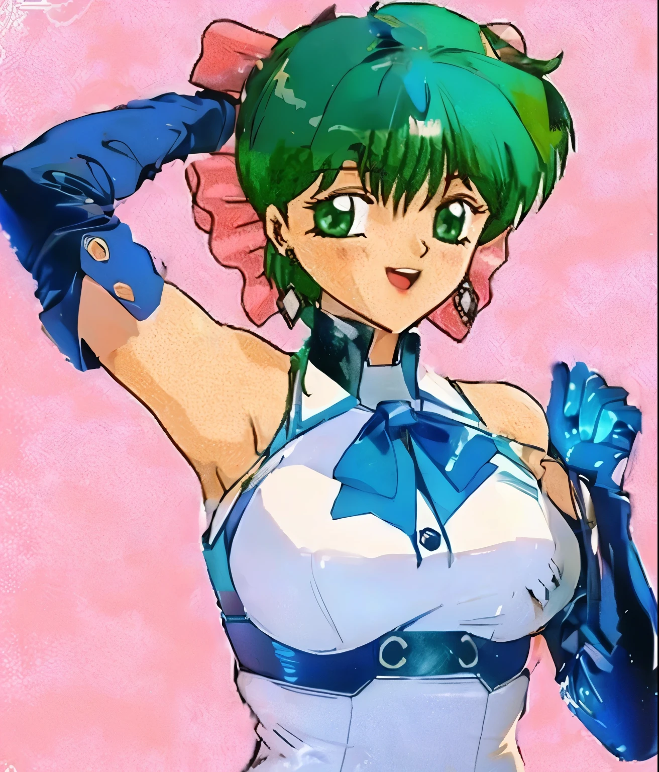 "(masterpiece:1.1), best quality,
1girl, (traditional media 80s:1.4), (eyelashes:1.5), (:1.2),
(intricate high detailed body:1.2),
(green hair:1.1), (forehead, hair slicked back:1.2), (twintails, drill hair:1.2), (headband:1.1),
green eyes,
(gigantic breasts:1.1),
(happy, smile:1.2), blush, open mouth,
(leotard armor, cleavage cutout:1.2), (knight armor, armored boots:1.2),
(fur:1.1), (earrings:1.1), gloves,
standing, (dynamic pose, action pose, hand on hip:1.2),
(upper body, cowboy shot, looking at viewer:1.1),
(daytime, grassland, outdoors:1.1)"