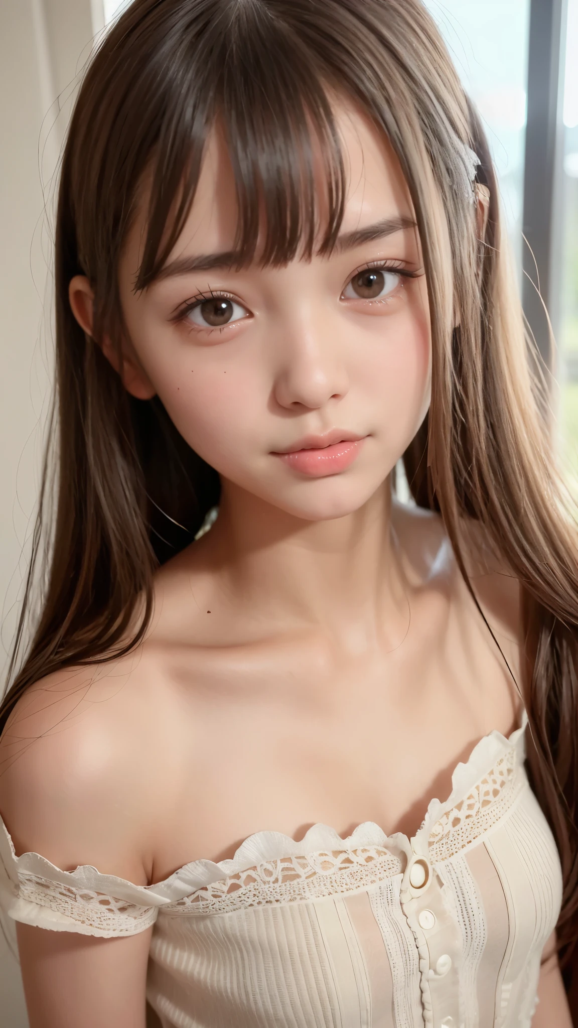 ((( Japanese girl)))、(((15 year oldirl)))、Sexy and the most beautiful face in the world、so beautiful、とても長い絹のような金色のShinyブロンドの髪、Shiny, Silky straight hair、Super long bangs swaying in front of your eyes、Sexy 17 year old cute girl、 Eyes、snow-white beautiful skin、Glowing Skin、ponytail、Small face girl、Put your hair up、d:1.5)、