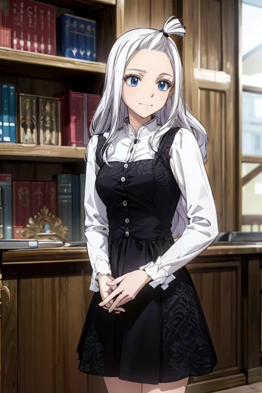 (Best Quality, 4k, 8k, Hi-Res, Masterpiece: 1.2), Ultra-Detailed, Realistic, Photorealistic: 1.37, Mirajane Strauss, beautiful woman with long straight wavy white hair and blue eyes, with a beautiful smile, wearing a beautiful long-sleeved black dress 