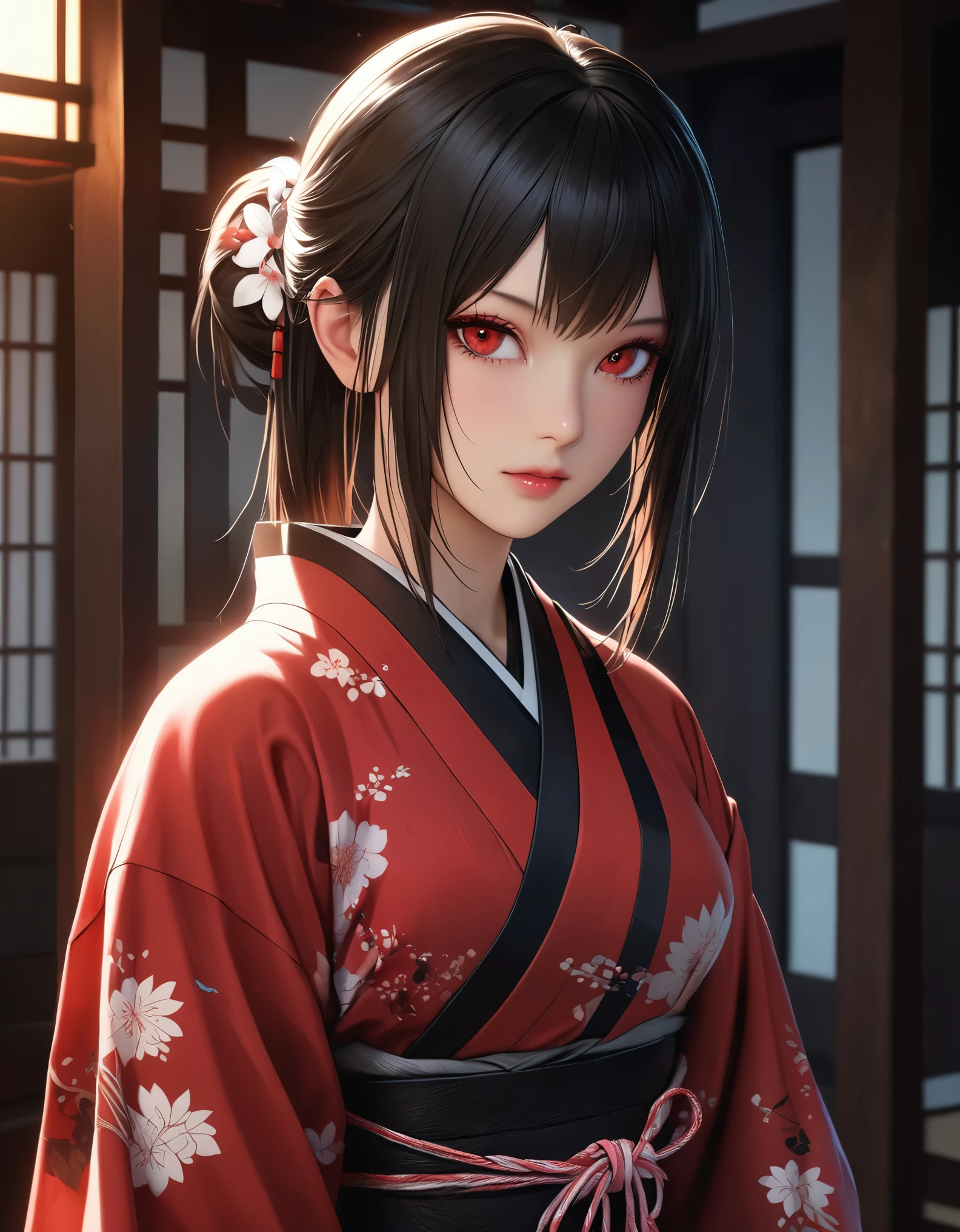 (photorealistic:1.4),best quality,realistic, masterpiece, an extremely delicate and beautiful, CG,extremely detailed ,highres, extremely detailed, 1girl, tifa_lockhart,beautiful detailed girl,full body, realistic,japanese clothes, beautiful detailed red eyes, light on face, cinematic lighting,,