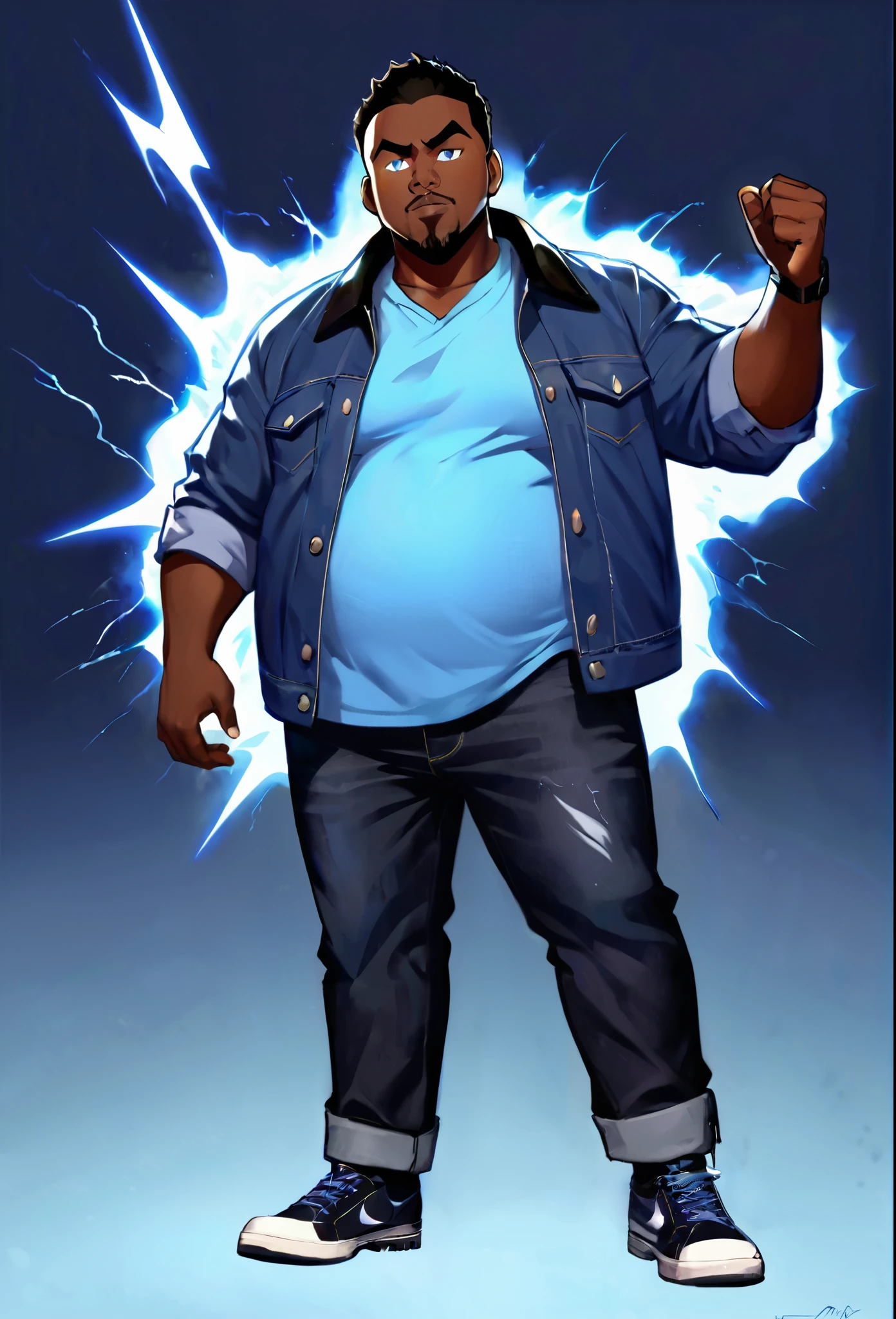 , score_9,score_8_up,score_7_up, mature men, African skin, Bright eyes, short black hair, bulk body shape,  belly chubby , wearing a blue jacket and withe shirt, jeans pants, holding a black lightning in right hand, and a blue iced mist in the left hand, character design , illustration 