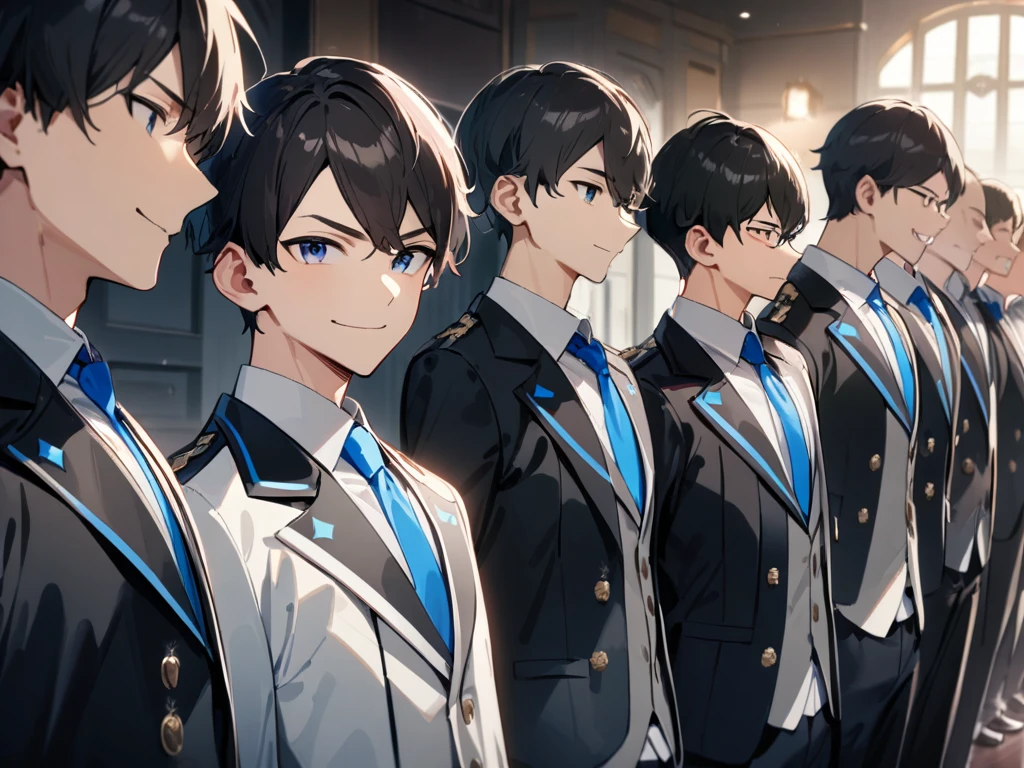 ((best quality)), ((masterpiece)), ((detailed)), (((perfect face))), (((teen boys in navy blue suits))), (((laughing, smiling, happy))), (((big, wide eyes))), (((interior school corridor))), (((looking at viewer))), (((surprised:1.4)))