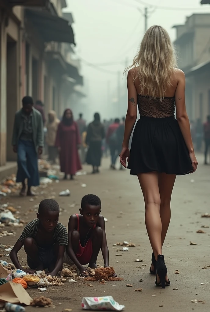 A thin, malnourished African , lying face down, drinks dirty water from a muddy puddle. A white-skinned, blonde, famous, elegant, arrogant and mean woman, dressed in a white miniskirt, black jacket and white high-heeled sandals, stands on top of the African child and spits into the puddle to humiliate the child.
The child cries and in the background you can see beggars suffering.