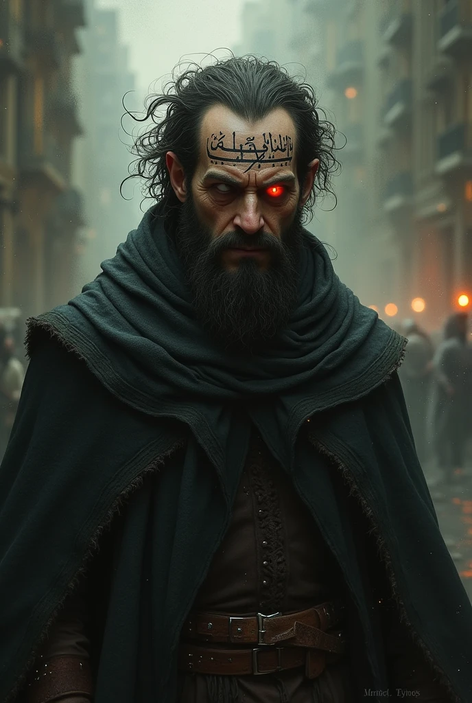 A  looking scared at an ugly old beggar with red eyes in a scary place 