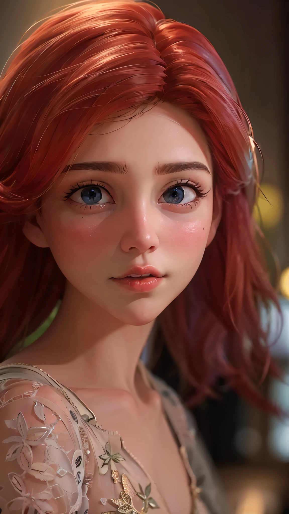 a girl,redhead,wide curious eyes,beautiful detailed eyes,beautiful detailed lips,extremely detailed eyes and face,long eyelashes,portrait,realism,photorealistic,cinematic lighting,natural lighting,soft lighting,warm color tones,detailed facial features,detailed skin texture,high quality,8k,best quality,masterpiece,ultra-detailed,realistic,cinematic,dramatic,intricate details