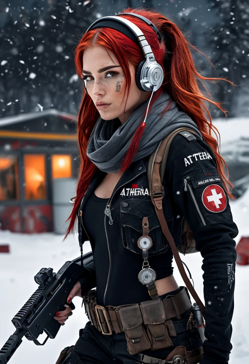  Full body from head to toe, post-apocalyptic, high resolution, 1 woman, Solo, (Detailed face), Tattoo on the face with the text "Athena", Red hair, Long hair closed in back , military Nurse outfit, red black clothe, Snow background, Girl aiming assault rifle, mechanical, Glowing Eyes, Metal surface lower both arm, Digital display, Streamlined Design , Colorful wires ,scarf rotate on head, long boots wit red roll, headset with antenna and headband medical sight, medical box in waist, stethoscope.