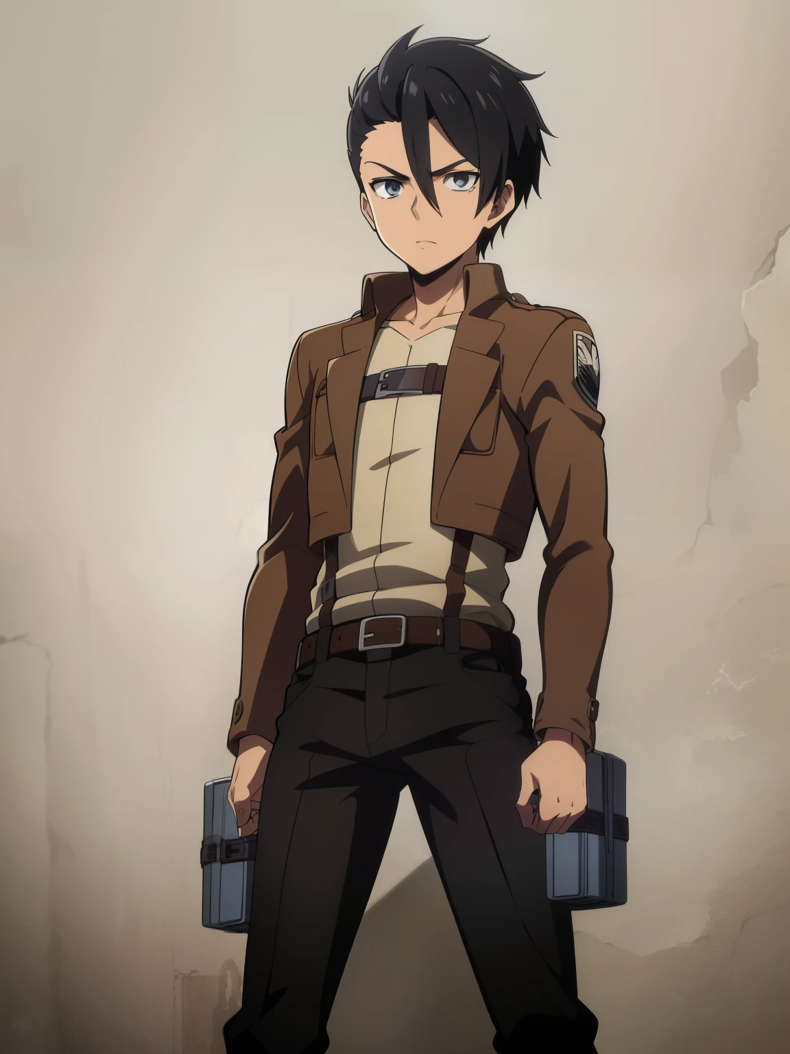 (high-quality, breathtaking),(expressive eyes, perfect face) 1boy, male, solo, portrait, narrow eyes, kind face, neutral expression, aot style, portrait, stylized hairstyle, Symmetrical Eyes, black hair, brown eyes, teenager, masculine, grey background, brown jacket, long sleeves, black shirt, belt, pants, attack on titan clothing, mappastyles4, three-dimensional maneuver gear, spiky hair, slick back hairstyle, dark tanned skin, half closed eyes, looking at viewer, attack on titan, emiya_shiro, standing straight, facing viewer
