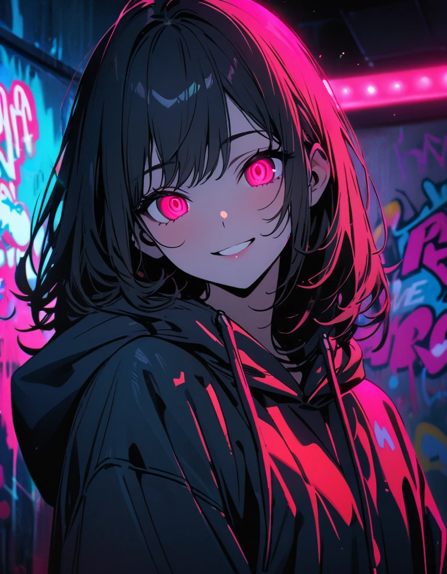 masterpiece, Best Quality, 8k, detailed background, masterpiece, Best Quality, smile,  t I ,  hoodie, Portraiture, Neon Red, graffiti, dark, night, Shining Eyes,  Black Light,Hoshino Ruby