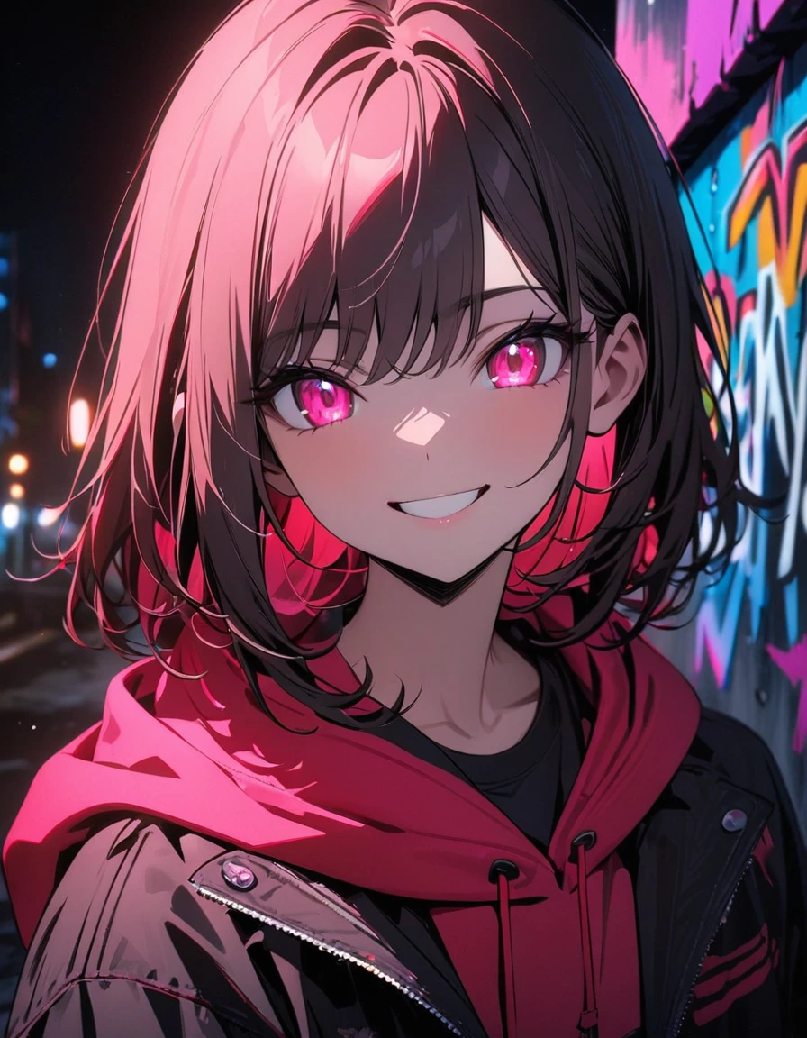 masterpiece, Best Quality, 8k, detailed background, masterpiece, Best Quality, smile,  t I ,  hoodie, Portraiture, Neon Red, graffiti, dark, night, Shining Eyes,  Black Light,Hoshino Ruby