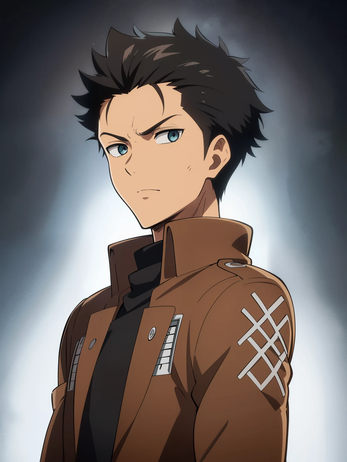 (high-quality, breathtaking),(expressive eyes, perfect face) 1boy, male, solo, portrait, narrow eyes, kind face, neutral expression, aot style, portrait, stylized hairstyle, Symmetrical Eyes, black hair, brown eyes, teenager, masculine, grey background, brown jacket, long sleeves, black shirt, belt, pants, attack on titan clothing, mappastyles4, three-dimensional maneuver gear, spiky hair, spiked up hairstyle, dark tanned skin, half closed eyes, looking at viewer, attack on titan, emiya_shiro, standing straight, facing viewer
