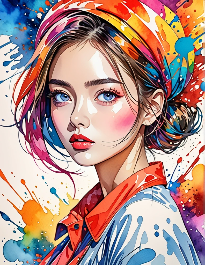 Absurd, High resolution, Super detailed, (One girl:1.3), Cute breaking expressive brush strokes, Ink painting, Gradation, , Poetic atmosphere, A delicate balance, fluid motion , Section