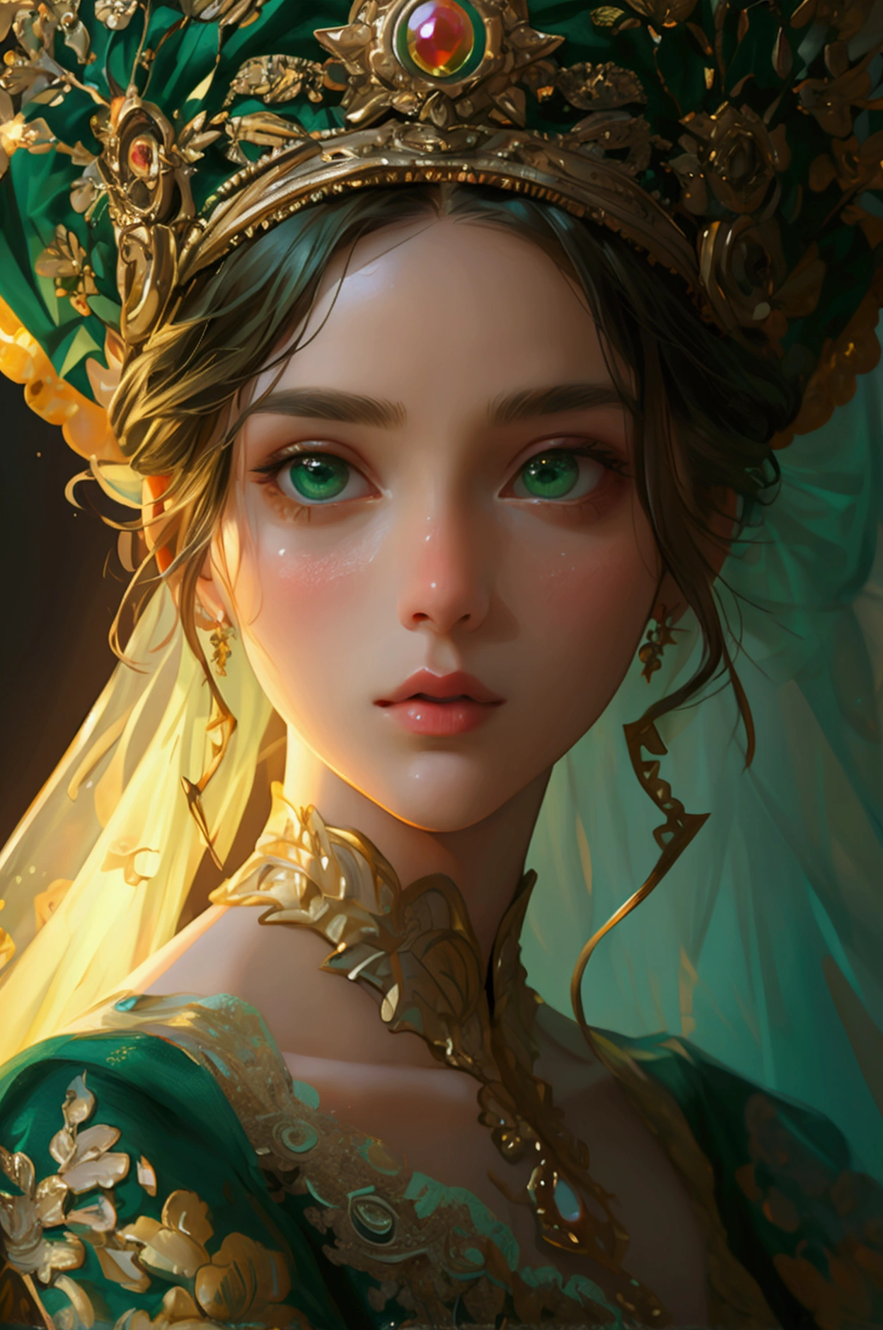 20-year-old woman, yellow fishtail braid, expressive eyes, smirk, makeup, eyelashes, nose, neck, beautiful full shoulders, against a background of huge bright flowers, (mosaic:1.2), (Venetian glass:1.7), (Illustration, Painting, Oil, Gouache, USA:0.5), style of Amy Earles