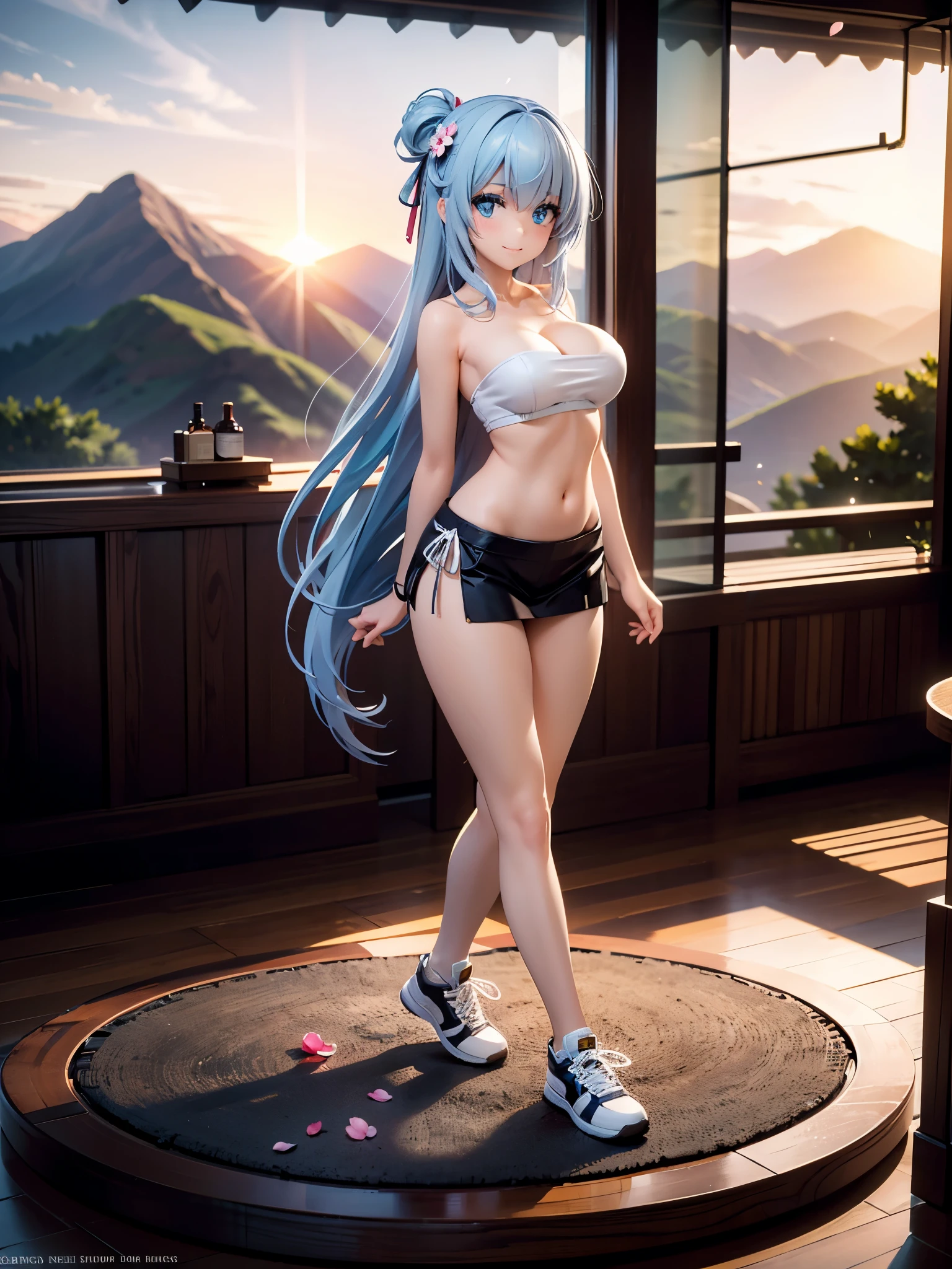 realistic image, detailed image, coherent image, 1 beautiful girl, she has very long hair, light blue hair, blue eyes, smiling expression. She is wearing a strapless top, showing her navel, a thin thong, a pleated miniskirt, sneakers, She has a curvy body, medium breasts and thick thighs, She is kneeling with her legs closed, arching her back, surrounded by bottles of alcohol, background of a mountainous landscape, flower petals falling around, sunset, twilight, soft focus, full body view, dramatic shadows, volumetric lighting, natural lighting,ksaqua