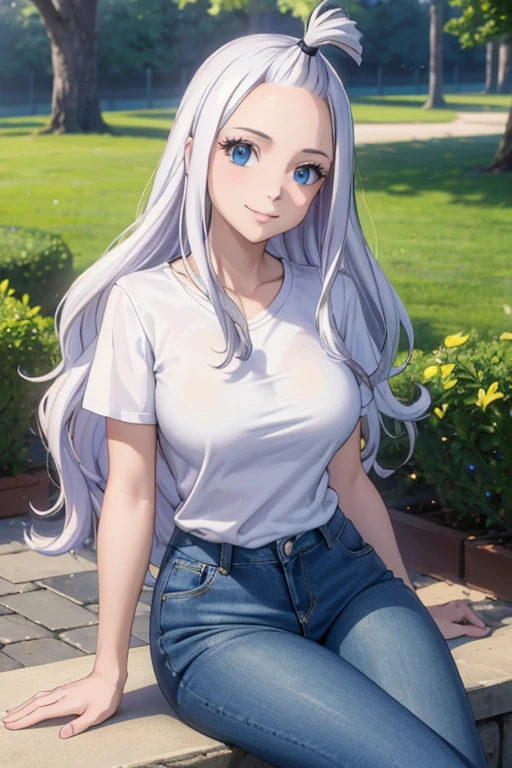 (Best Quality, 4k, 8k, Hi-Res, Masterpiece: 1.2), Ultra-Detailed, Realistic, Photorealistic: 1.37, Mirajane Strauss, beautiful woman with long straight wavy white hair and blue eyes, with a beautiful smile, wearing an all-white t-shirt without a pattern and jeans 