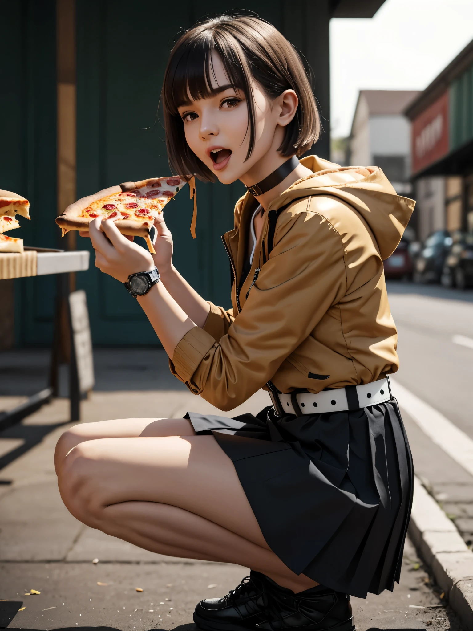 girl, holding pizza, squatting, from side, jacket, hood up, techwear style jacket, looking at viewer, open mouth, choker, flat bangs, thigh, breasts, short pleated skirt, pizza, food, solo, belt, jumpsuit, pizza slice, short hair, holding food, brown hair, white belt, wristwatch,