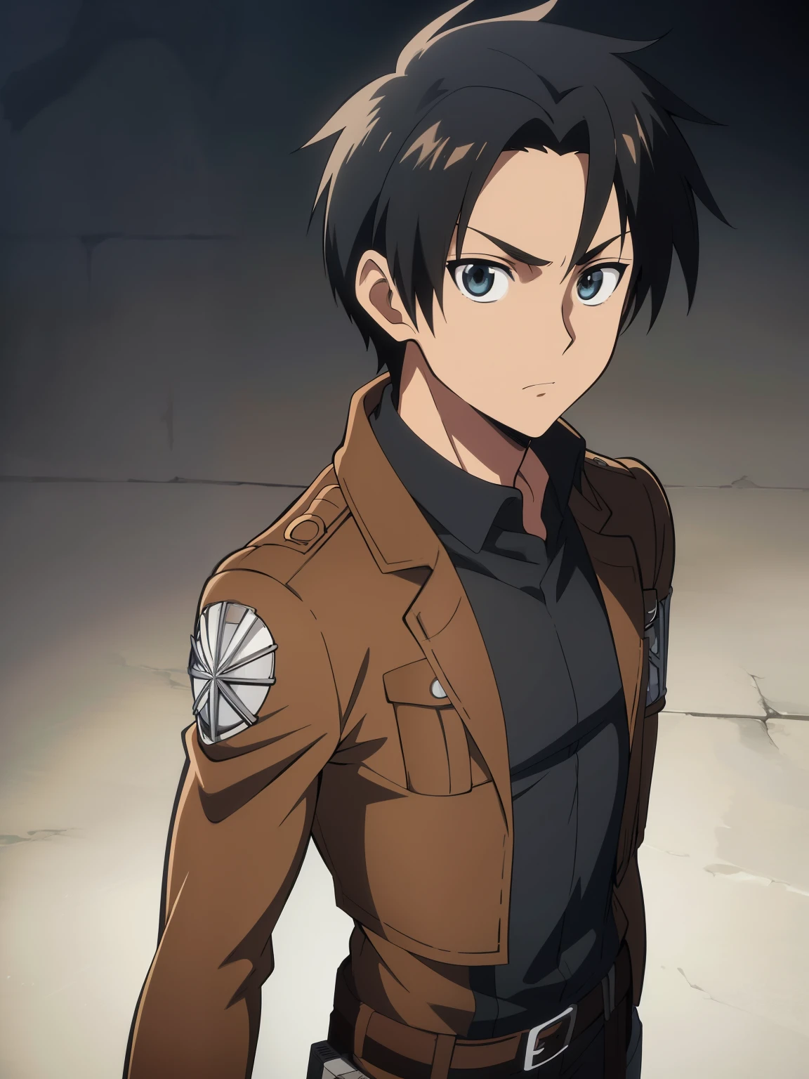 (high-quality, breathtaking),(expressive eyes, perfect face) 1boy, male, solo, portrait, narrow eyes, kind face, neutral expression, aot style, portrait, stylized hairstyle, Symmetrical Eyes, black hair, brown eyes, ager, masculine, grey background, brown jacket, long sleeves, black shirt, belt, pants, attack on titan clothing, mappastyles4, three-dimensional maneuver gear, spiky hair, spiked up hairstyle, dark tanned skin, half closed eyes, looking at viewer, attack on titan, emiya_shiro, standing straight, facing viewer
