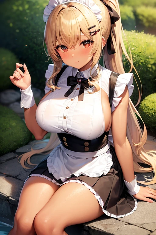 ((highest quality, Highly detailed CG Unity 8K wallpaper))、beautiful breasts、(spread your legs wide)、(sexually seducing me、I'm inviting you to have sex、Love juice dripping from the vagina)、((She lifts up her skirt to reveal white panties、blonde、maid、embarrassed look))