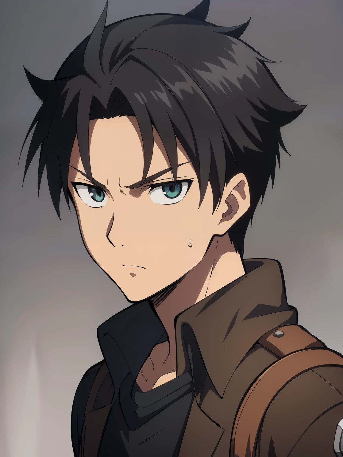 (high-quality, breathtaking),(expressive eyes, perfect face) 1boy, male, solo, portrait, narrow eyes, kind face, neutral expression, aot style, portrait, stylized hairstyle, Symmetrical Eyes, black hair, brown eyes, teenager, masculine, grey background, brown jacket, long sleeves, black shirt, belt, pants, attack on titan clothing, mappastyles4, three-dimensional maneuver gear, spiky hair, spiked up hairstyle, dark tanned skin, half closed eyes, looking at viewer, attack on titan, emiya_shiro, standing straight, facing viewer
