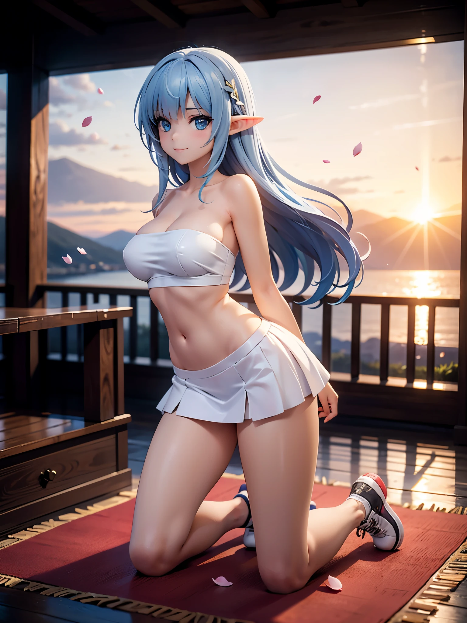 realistic image, detailed image, coherent image, 1 beautiful elf, she has very long hair, light blue hair, blue eyes, smiling expression. She is wearing a strapless top, showing her navel, a thin thong, a pleated miniskirt, sneakers, She has a curvy body, medium breasts and thick thighs, She is kneeling with her legs closed, arching her back, surrounded by bottles of alcohol, background of a mountainous landscape, flower petals falling around, sunset, twilight, soft focus, full body view, dramatic shadows, volumetric lighting, natural lighting,ksaqua