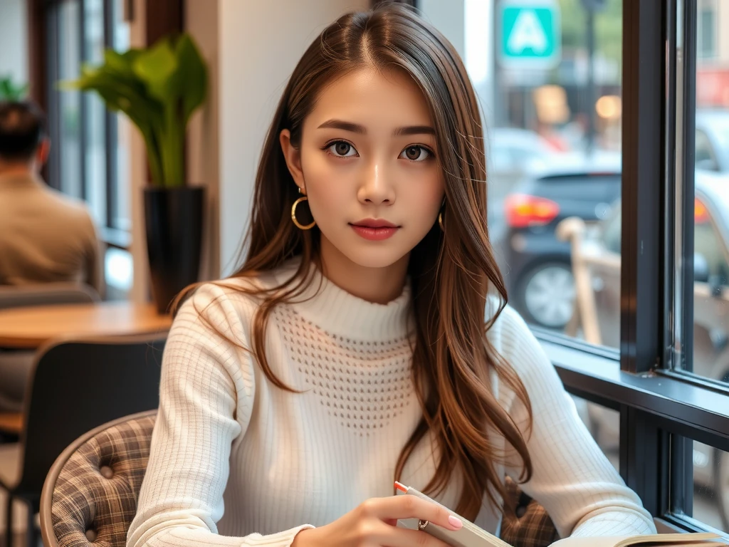 neat-girl,High image quality (8k image quality), high resolution, excellent work, appropriate depth of field, appropriate focus, Leica camera quality, RAW image quality, real, women studying at a cafe, detailed pupils, detailed lips, perfect hands, perfect fingers, perfect nails, detailed Hands, detailed fingers, detailed nails, FLUX, East Asian women,Asian woman