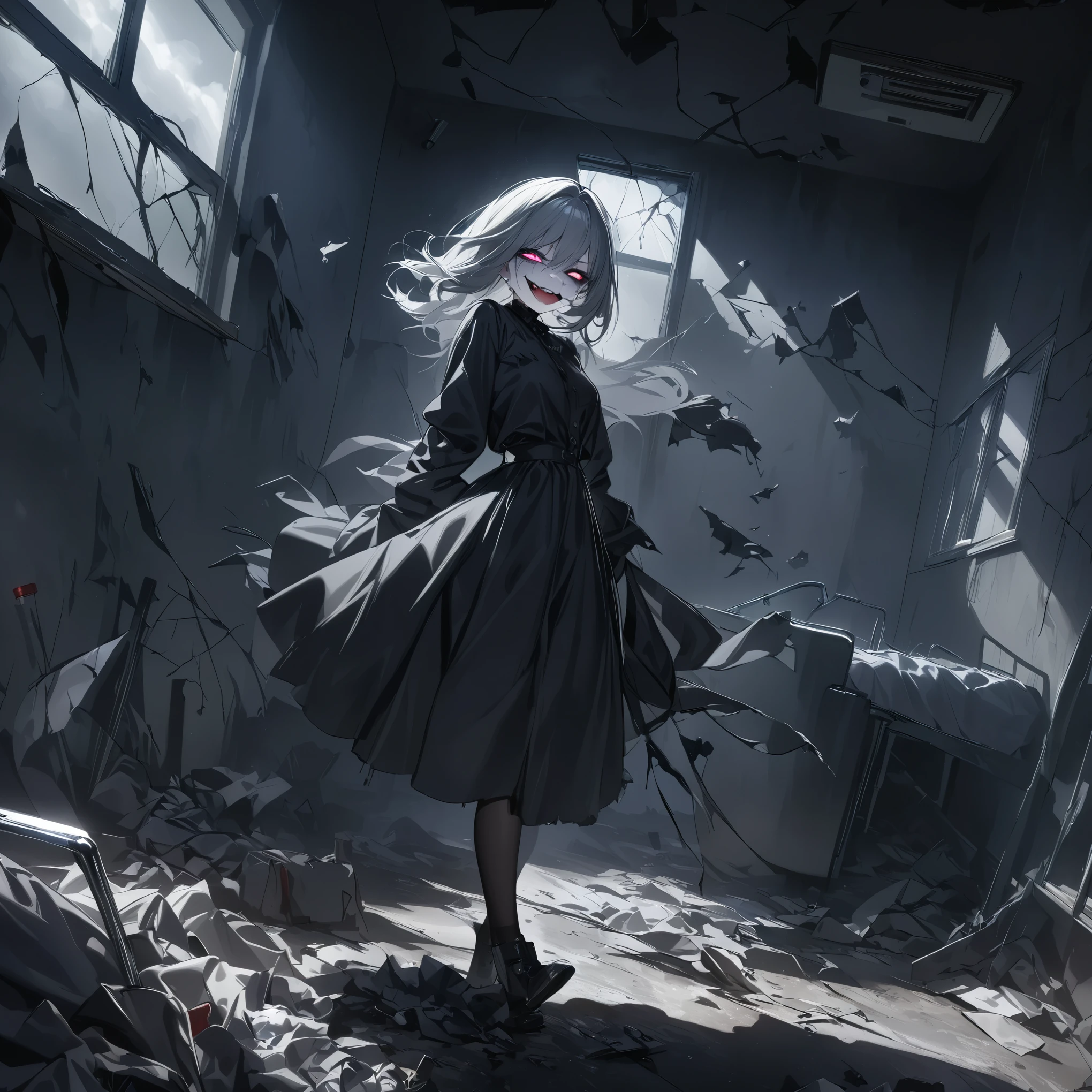 (masterpiece, Best Quality,  bright colors,  It features  ,  dynamic lighting from multiple angles) ,dark gothic,Horror The silver-haired girl standing in the center of an abandoned hospital ,full body,  A syringe  .  has a dangerous expression on her face ,  twisted smile as dark clouds gather outside .  the wind blows through a broken window ,  scatters debris around her ,  adds chaotic movement .  The vivid silver theme stands out in the dark, Dark Environment,  creates a sense of tension and an ominous atmosphere .